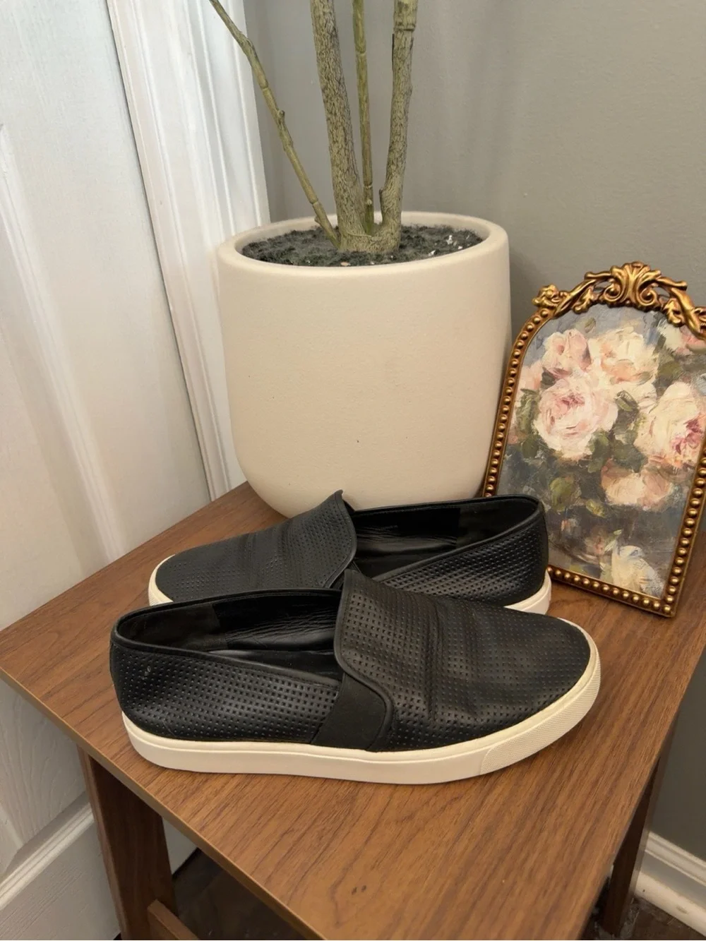 Vince Blair Black Perforated Leather Slip-On Sneakers Size 8